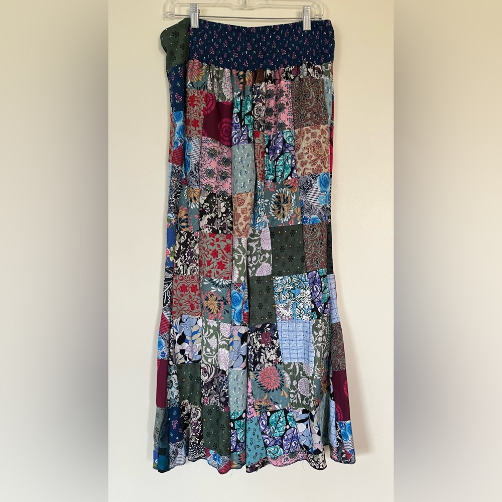 NWT Blue Sky Patchwork Hippie Bell Pull on elastic pants multi color pattern L - Picture 2 of 6